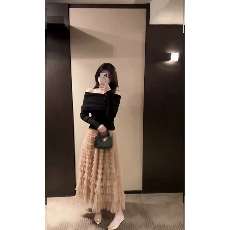 2025秋季新款时尚性感辣妹黑色露肩一字肩针织衫温柔风高腰半身裙