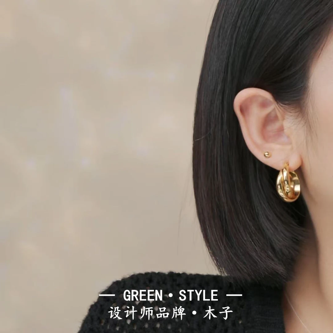 铜合金耳饰 【双环莫比乌斯】欧若风设计师轻奢气质耳环法式-3049