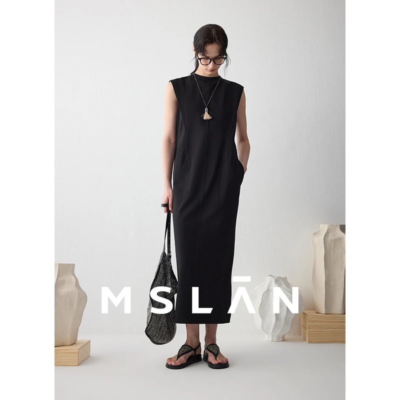 MSLAN【商场同款】新款小飞袖背心连衣裙开叉设计黑色复古裙MGCT494