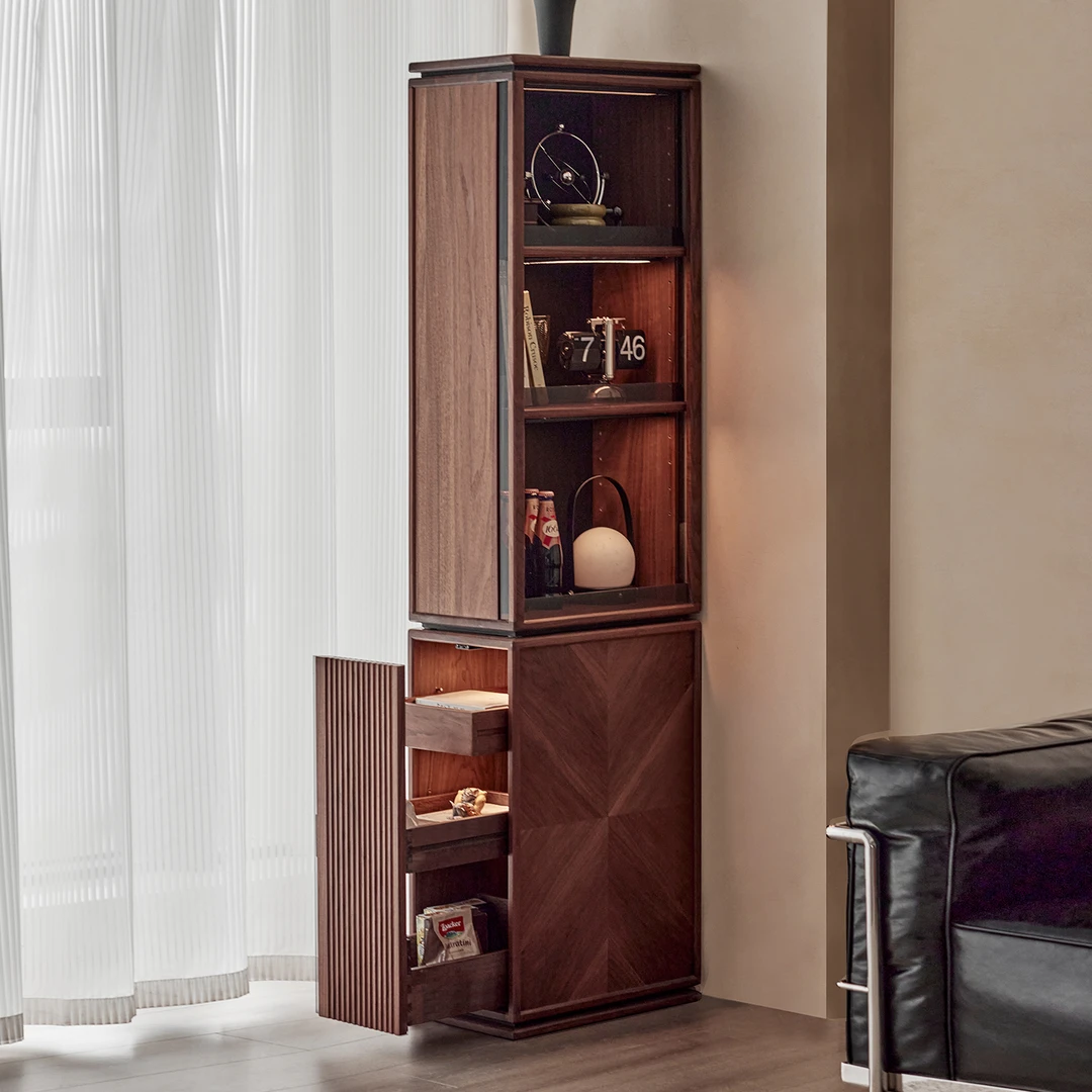 色格 云山绕·实木窄书柜组合书桌一体黑胡桃木落地转角实木抽拉柜