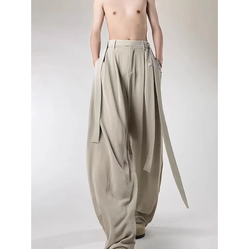 米白色高腰冰丝速干裤男夏季垂感宽松阔腿裤设计感飘带直筒休闲裤
