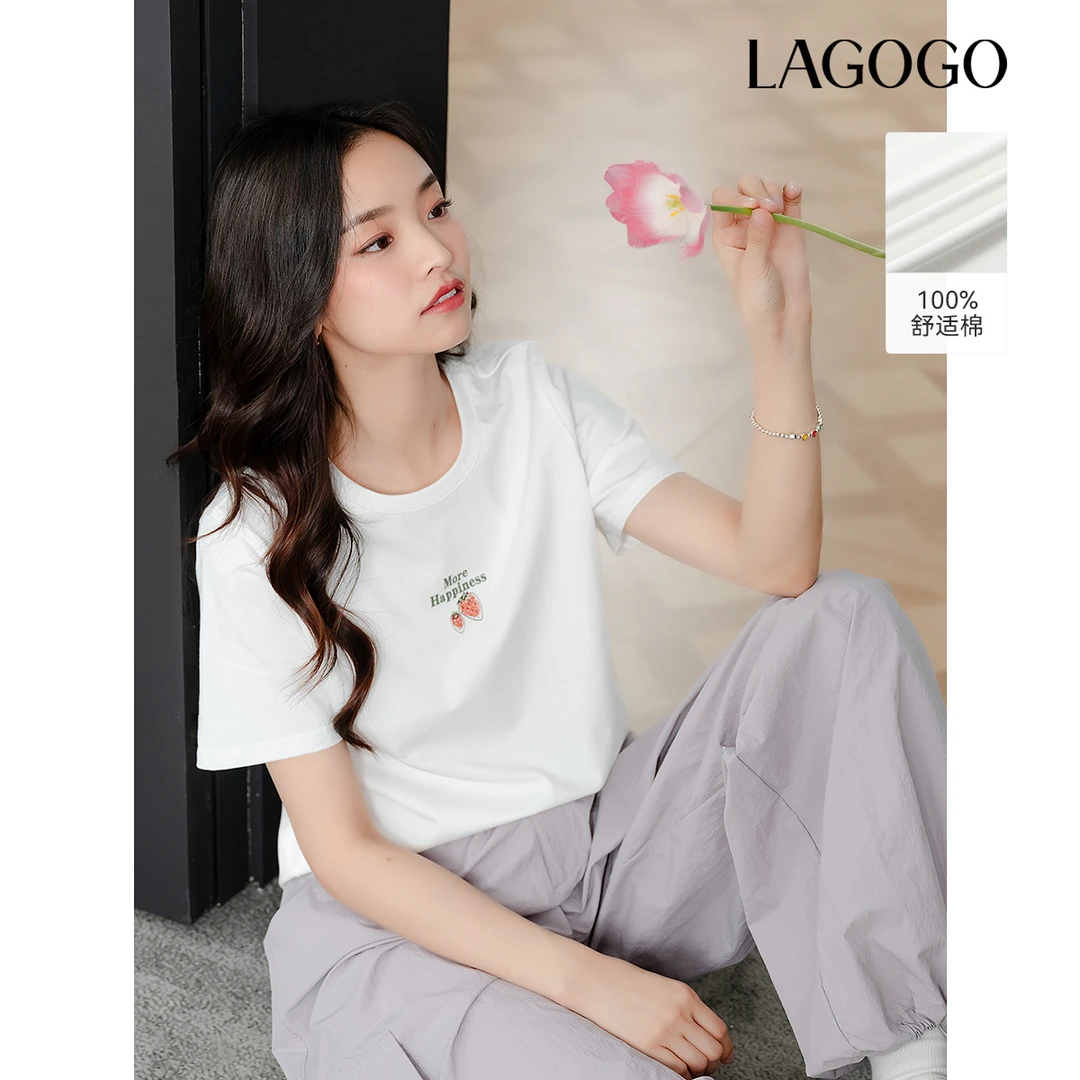 【重百优选】lagogo2025新款经典圆领正肩草莓印花T恤女OATT313GA1