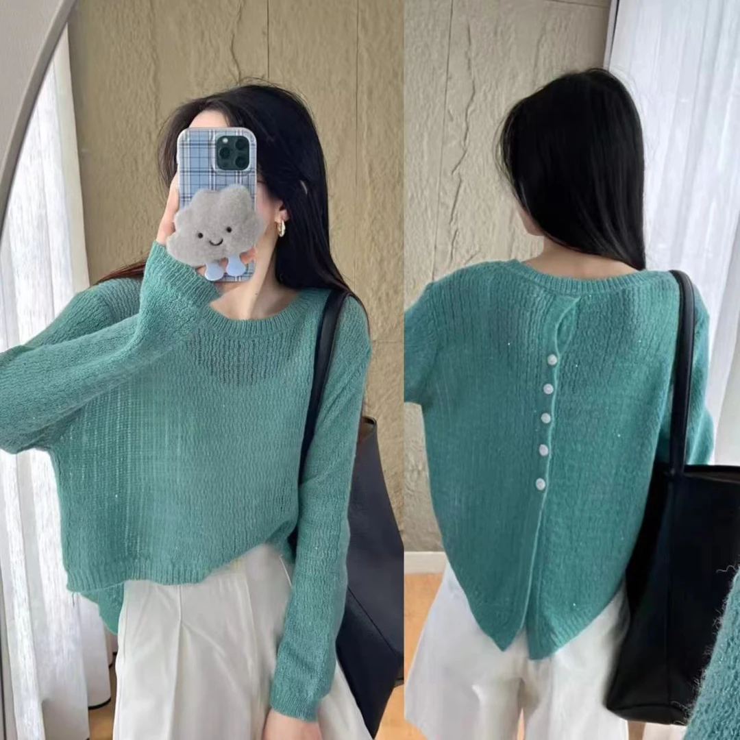 亮闪闪设计感后背纽扣针织衫BlingBling毛衣女不规则前短后长上衣