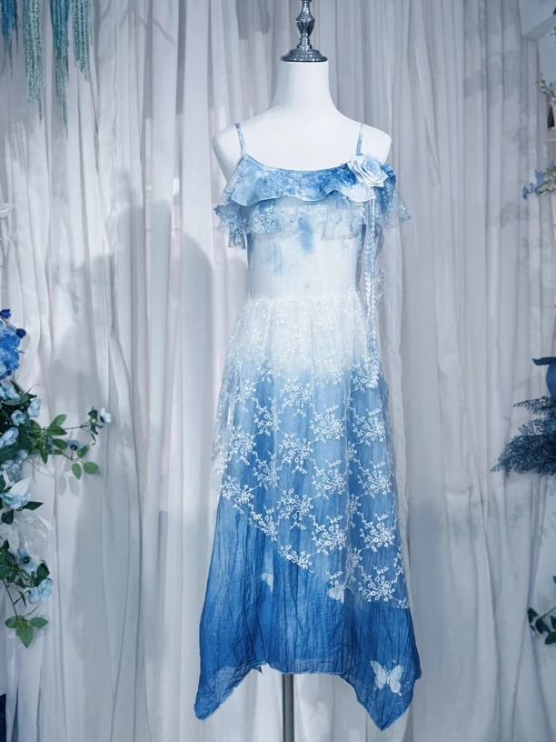 手工植物扎染吊带连衣裙