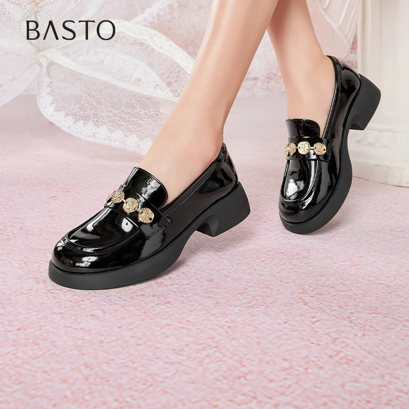 百思图2025春季新款时尚复古学院风乐福鞋粗跟圆头女单鞋S5661AA5