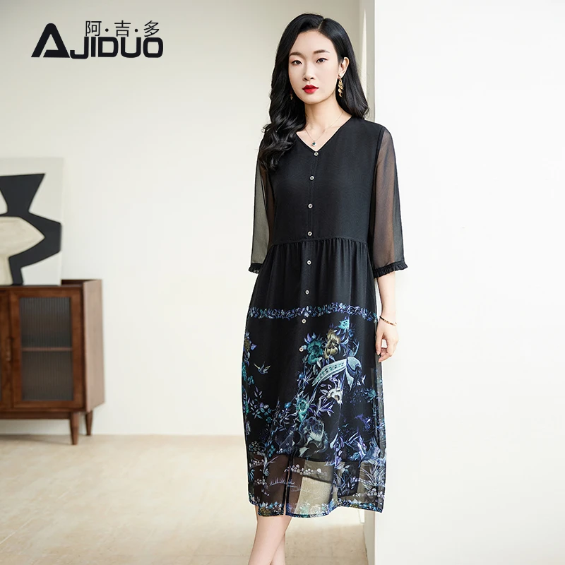 阿吉多七分袖黑色连衣裙女夏季优雅高级长裙大码印花长裙子A32262