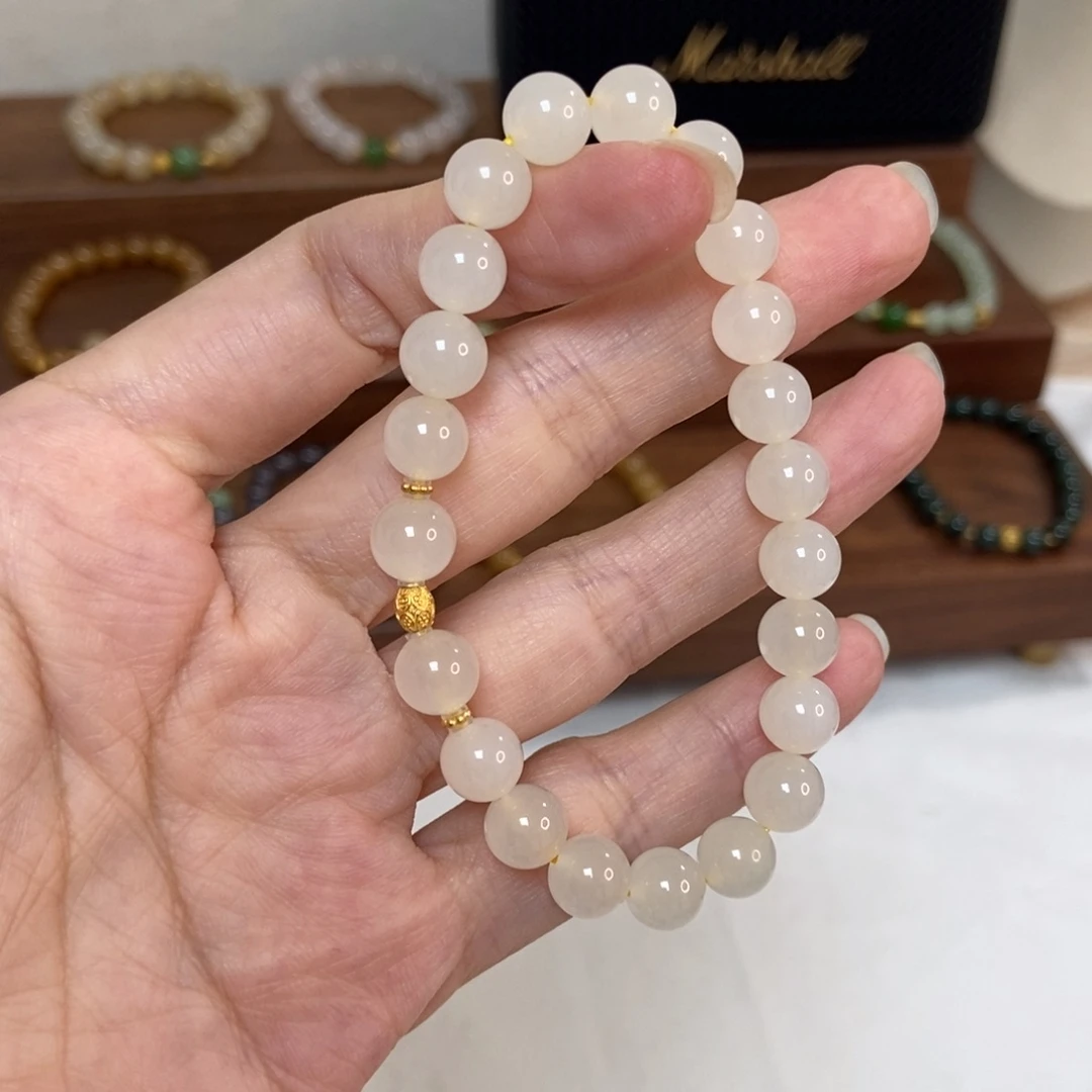 手链18K金镶嵌和田玉蜂蜜水8mm高冰底