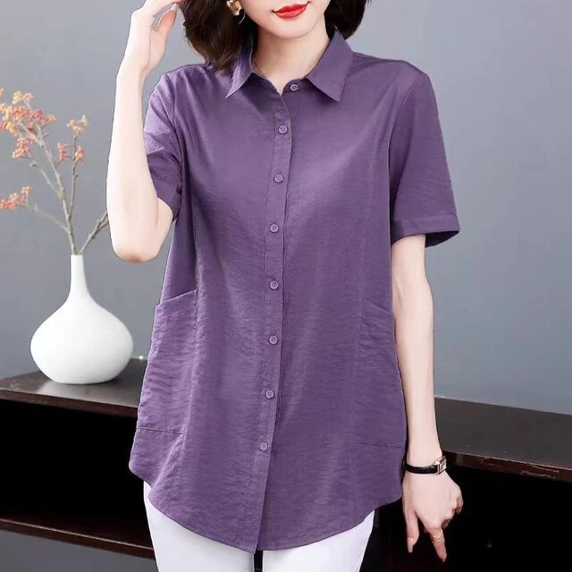 短袖上衣女2025年夏季中长款大码宽松衬衣中年妈妈休闲百搭衬衫