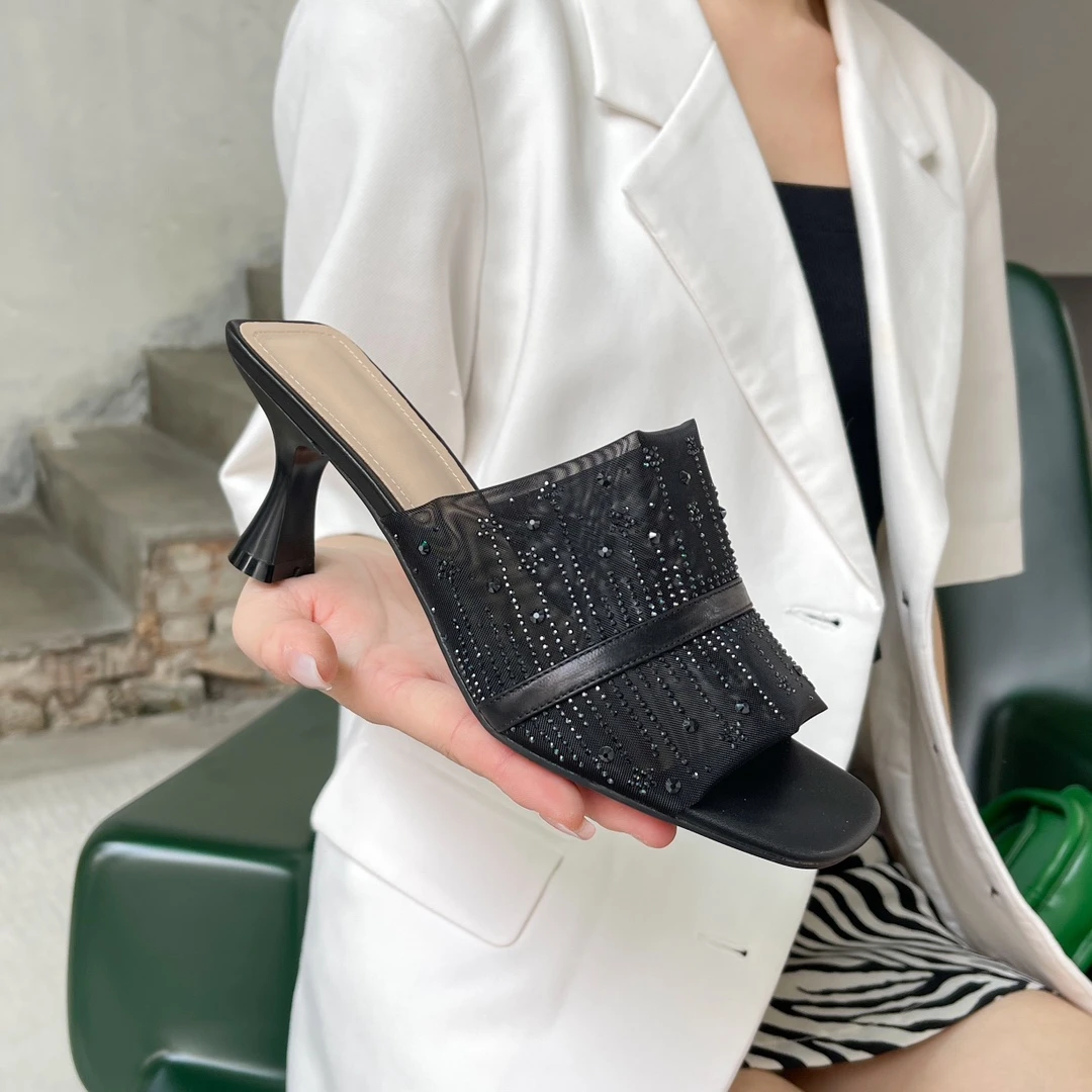 【季末清仓粉丝专属浮力】2025夏季网纱水晶半拖高跟鞋【MXMN-11725】