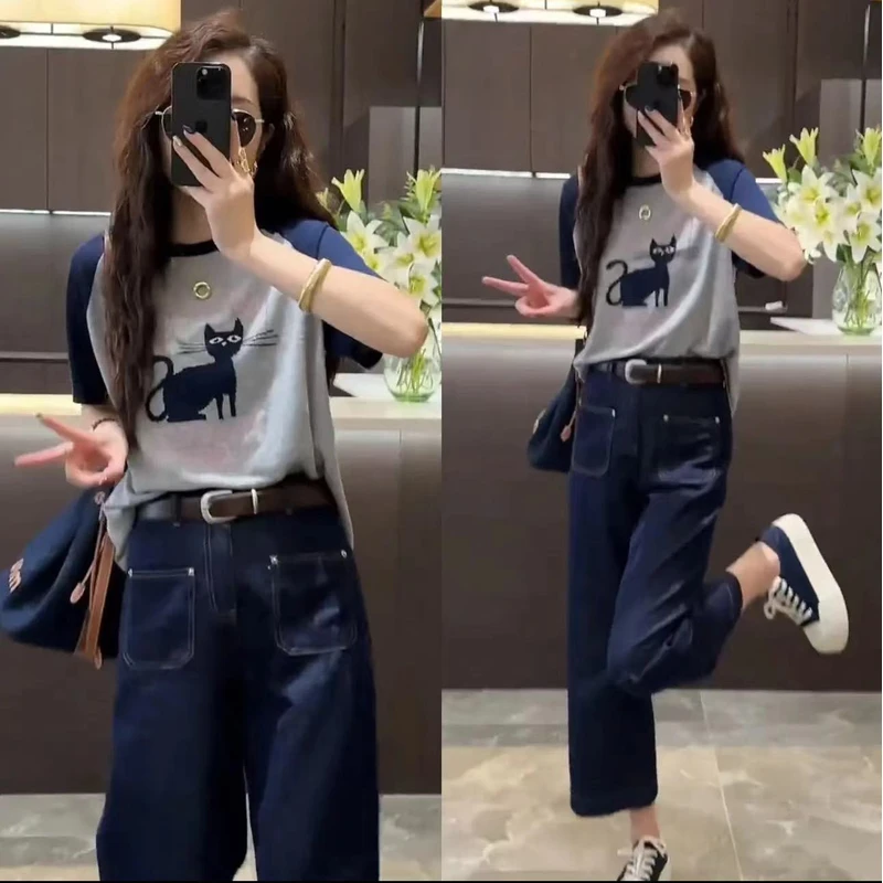 2025年夏季新款时尚拼接短袖针织机灵猫撞色上衣+直筒裤牛仔裤