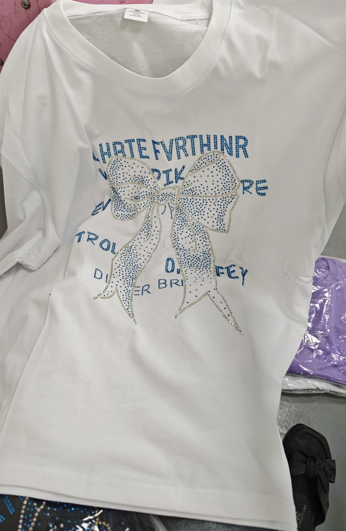 梅子大版纯棉T恤圆领短袖蝴蝶结常规款烫钻