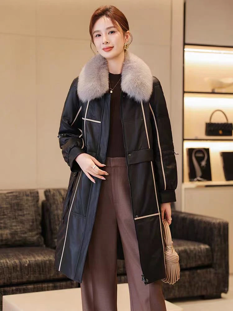 真皮羽绒服女中长款狐狸毛领2025加厚新款绵羊皮皮衣外套18608