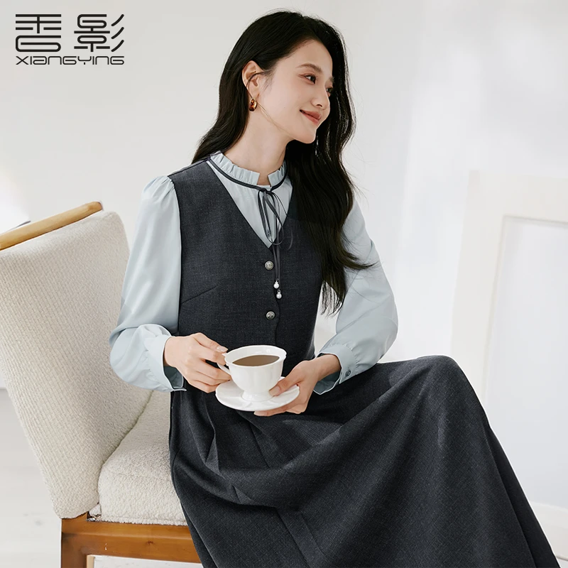 【丽公主专属】L85A555连衣裙 香影法式假两件连衣裙女秋季新款系带