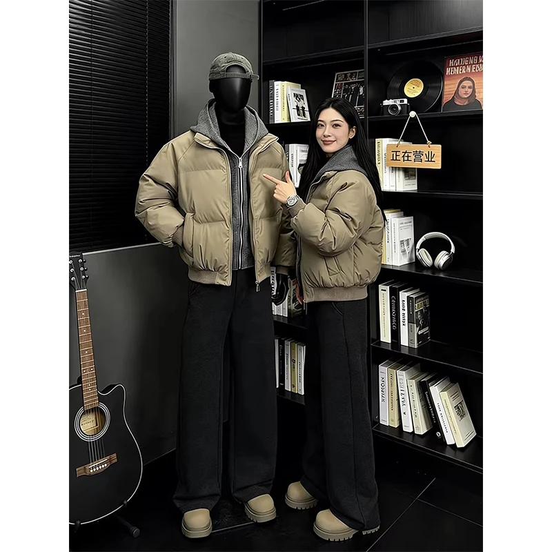 假两件连帽pu皮棉服男生冬季穿搭cleanfit短款外套美式保暖面包服