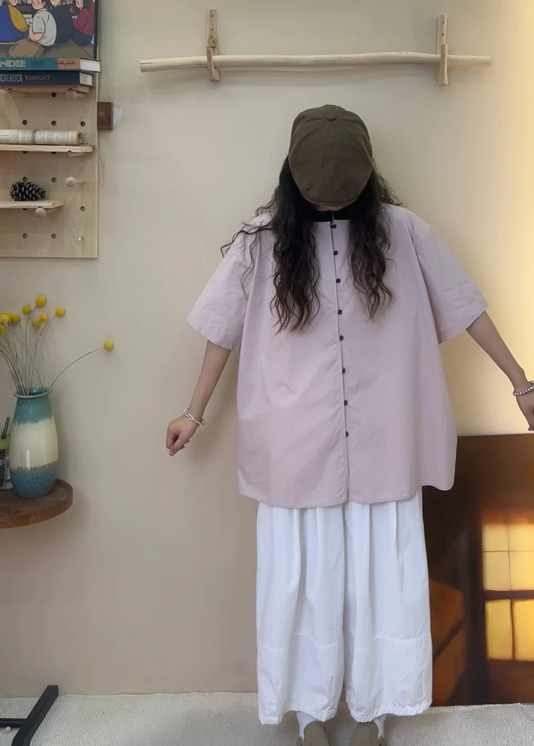 夏季新款宽松休闲百搭圆领短袖衬衣1190