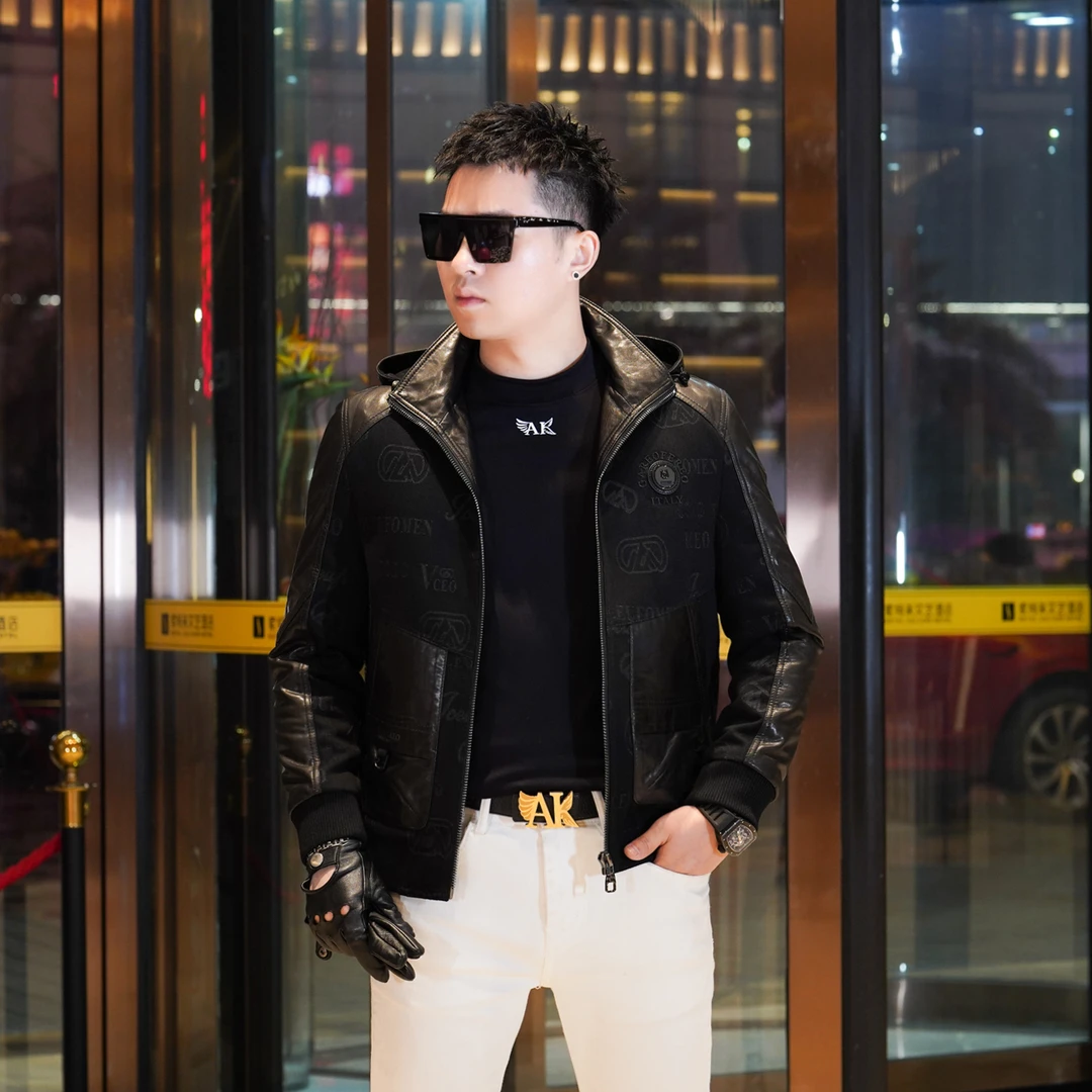 冬季保暖鸭绒羽绒服男蓄热保暖真皮皮衣短款连帽可拆卸休闲羽绒服