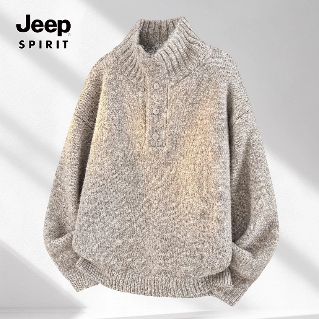 JEEP吉普高级感半高领针织衫男美式复古亨利领棉羊毛衣男秋冬加厚