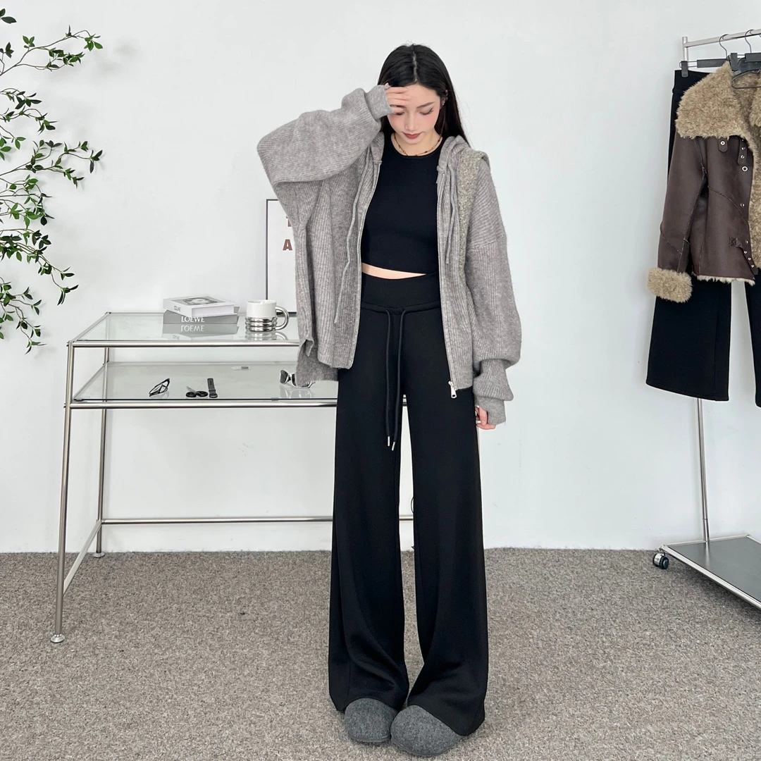 加绒加厚抽绳卫裤女秋冬休闲裤慵懒风垂感直筒阔腿裤拖地裤