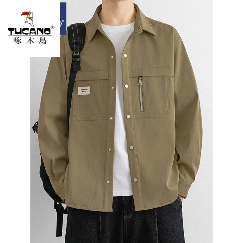 啄木鸟工装衬衫男春秋季2025新款港风夹克外套男痞帅休闲衣服百搭