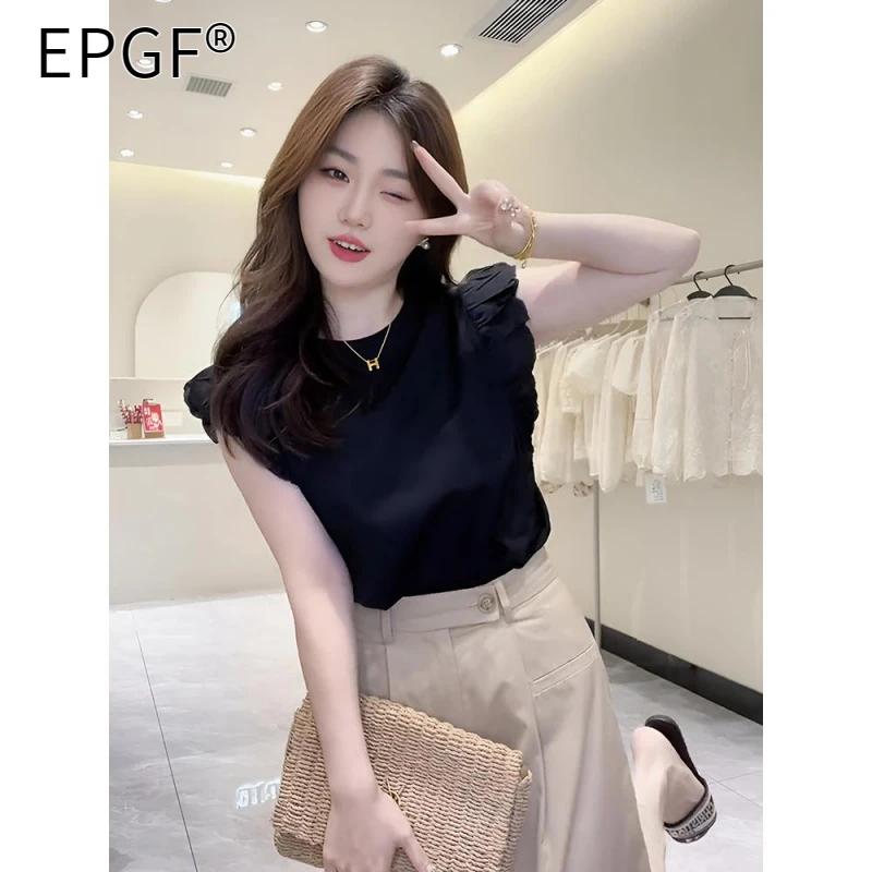 EPGF法式小个子荷叶边飞飞袖t恤女新款爆款夏季宽松休闲洋气上衣