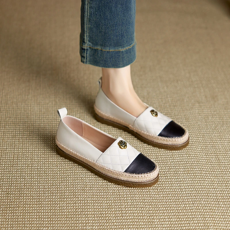 里外全皮！小香风拼色平底单鞋女2025秋新款圆头一脚蹬厚底渔夫鞋