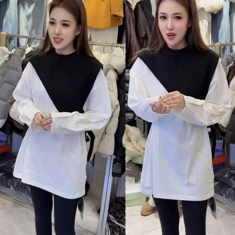 欧洲站2025秋冬新款小众设计感披肩真两件T恤女宽松显瘦潮流上衣