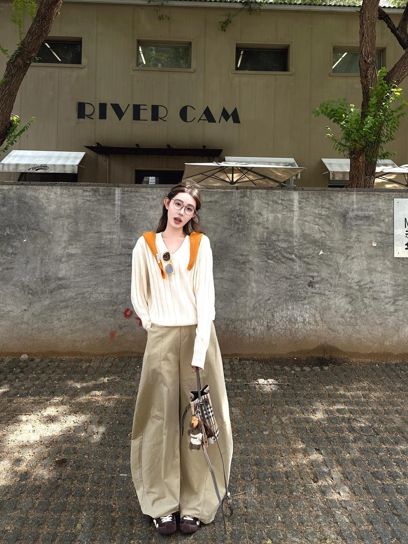 2025秋季新款韩系慵懒风设计感针织衫带披肩上衣休闲百搭阔腿裤