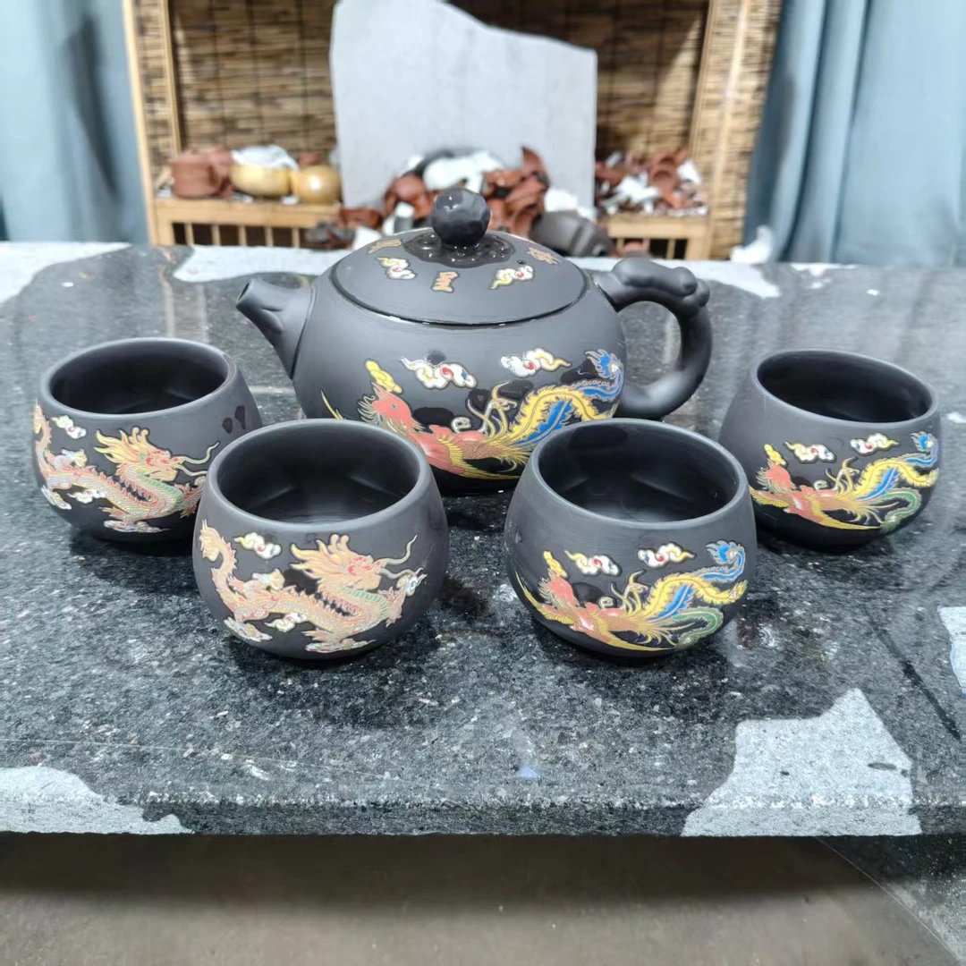 黄龙山原矿紫砂龙凤大西施壶500ml一壶4主杯（五件套)cc