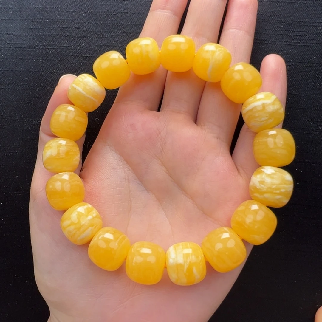 你***。琥珀未镶嵌裸石焦皮同料橘红浓蜡虎皮纹手串13mm