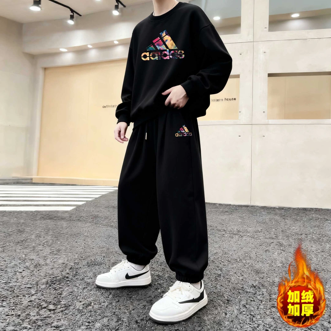 奥莱专区|中大男童运动套装秋冬新款加绒休闲宽松圆领卫衣两件套