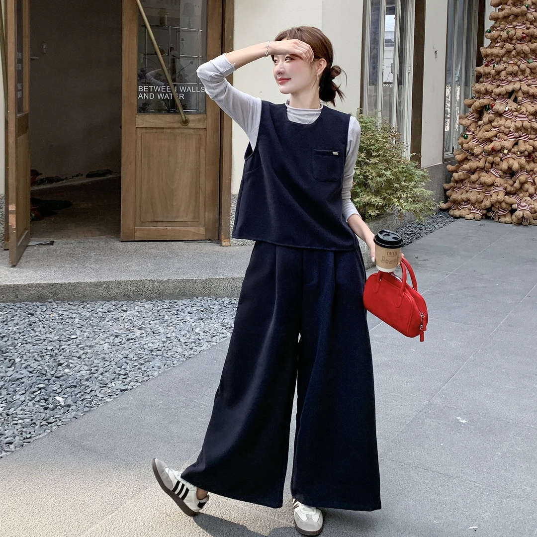 韩系学院风气质减龄高级感套装女秋新款时尚马甲打底阔腿裤三件套