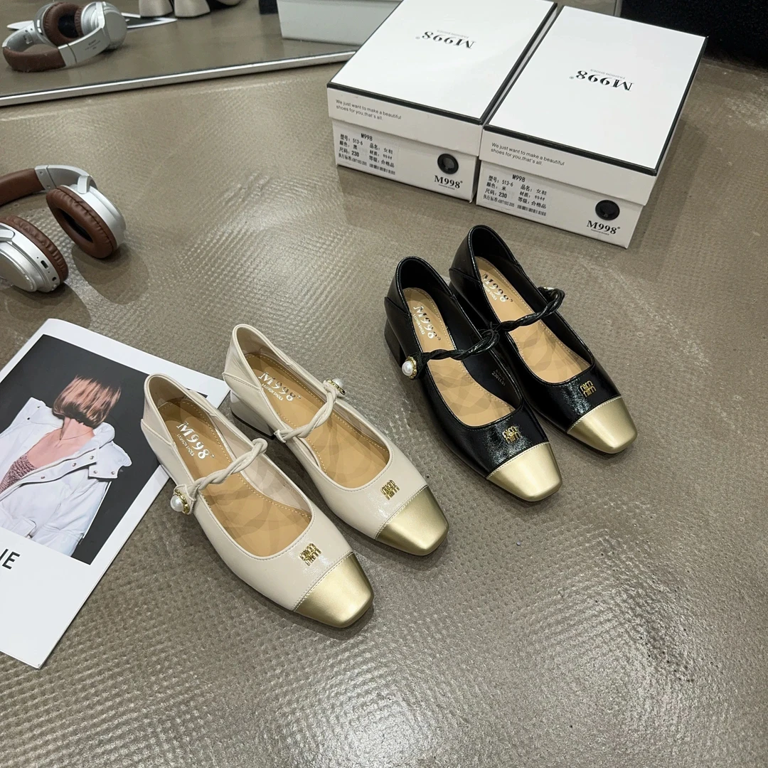 513-6小香风粗跟拼色单鞋25春款浅口一字带玛丽珍鞋方头小皮鞋