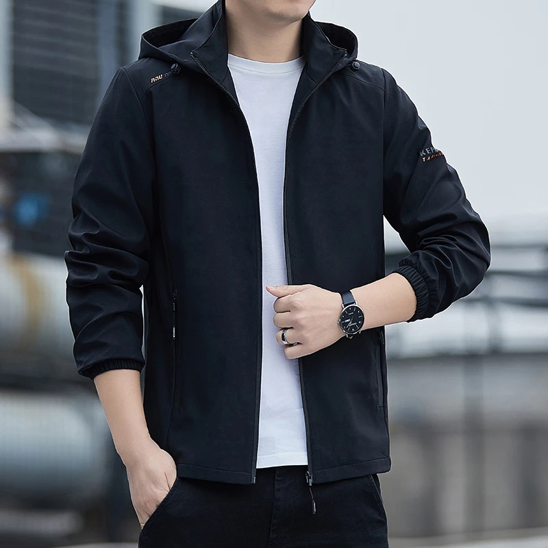男士新款外套春秋季可脱卸帽休闲运动潮流百搭简约纯色夹克衫上衣