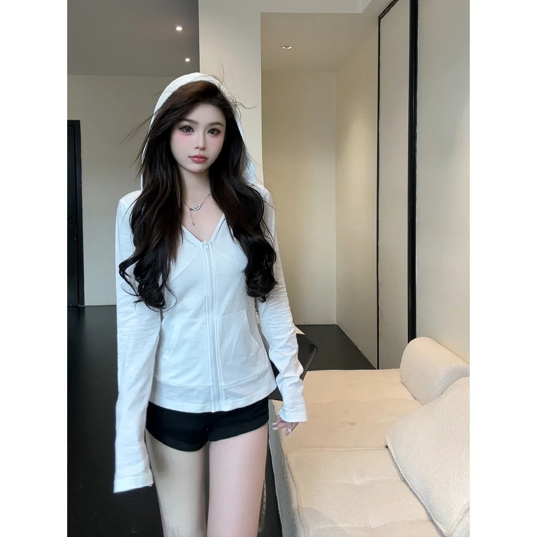 HuiHui【临界点】韩系白色连帽长袖防晒外套纯欲设计感（A675）