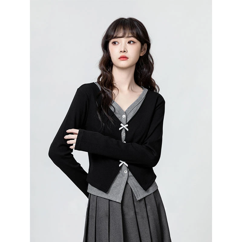 【晶晶】胖mm新款设计感蝴蝶结针织衫黑色假两件修身显瘦长袖上衣