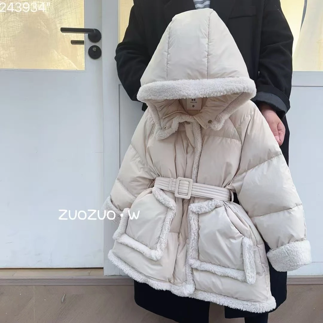 【羽绒服】243934（米杏）外套 女童简约百搭 温柔风 收腰连帽羽绒服