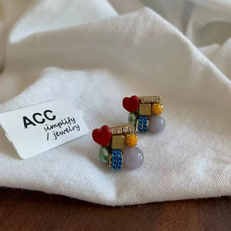 铜合金耳饰 拼色手工复古耳钉气质小众女士几何百搭韩系彩色耳环