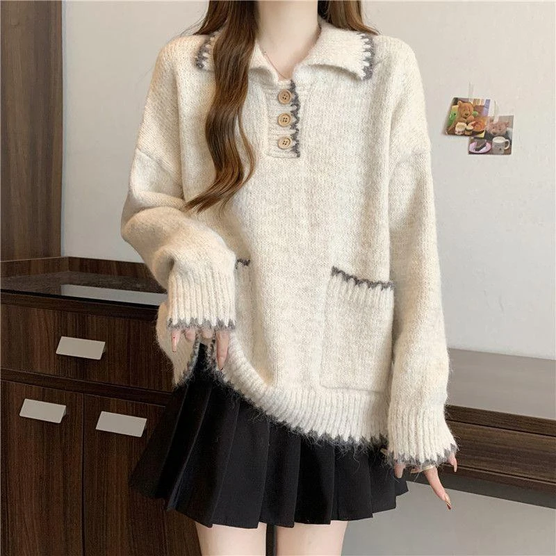 日系复古撞色花边POLO领针织衫女秋冬大码胖mm百搭慵懒风毛衣上衣