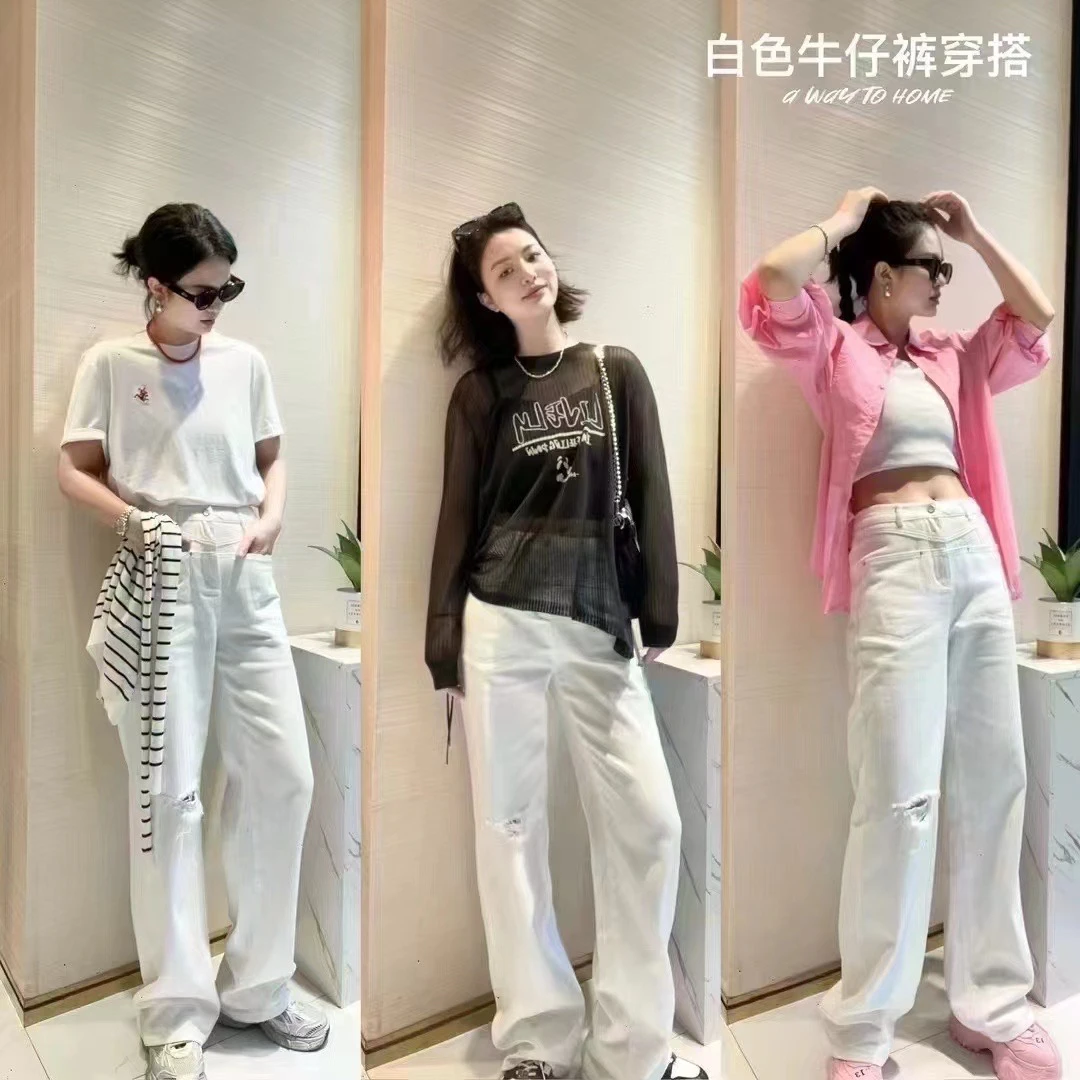 俪妍【LIVELY·YAN】白色破洞休闲阔腿显瘦时尚百搭春季设计感直筒裤
