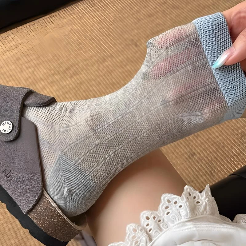 NYNK灰色袜子2025新款夏季ins镂空网眼堆堆袜撞色薄透感女中筒袜