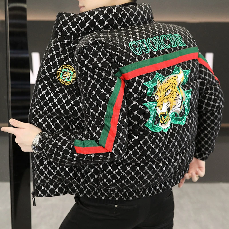 欧洲站冬季新款男士时尚潮流帅气百搭立领刺绣修身保暖棉服外套