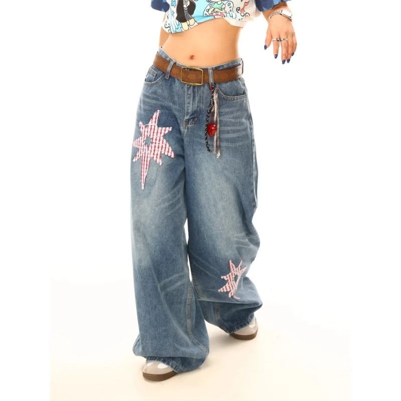 NUKEFEN美式复古星星贴布弯刀牛仔裤男女夏季新款宽松阔腿裤长裤