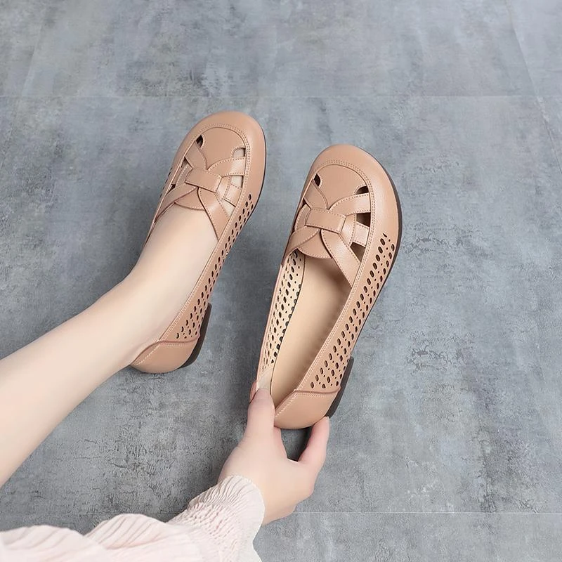 2025新款单鞋女春夏季软皮软底妈妈舒适女士编织凉鞋平底镂空女鞋