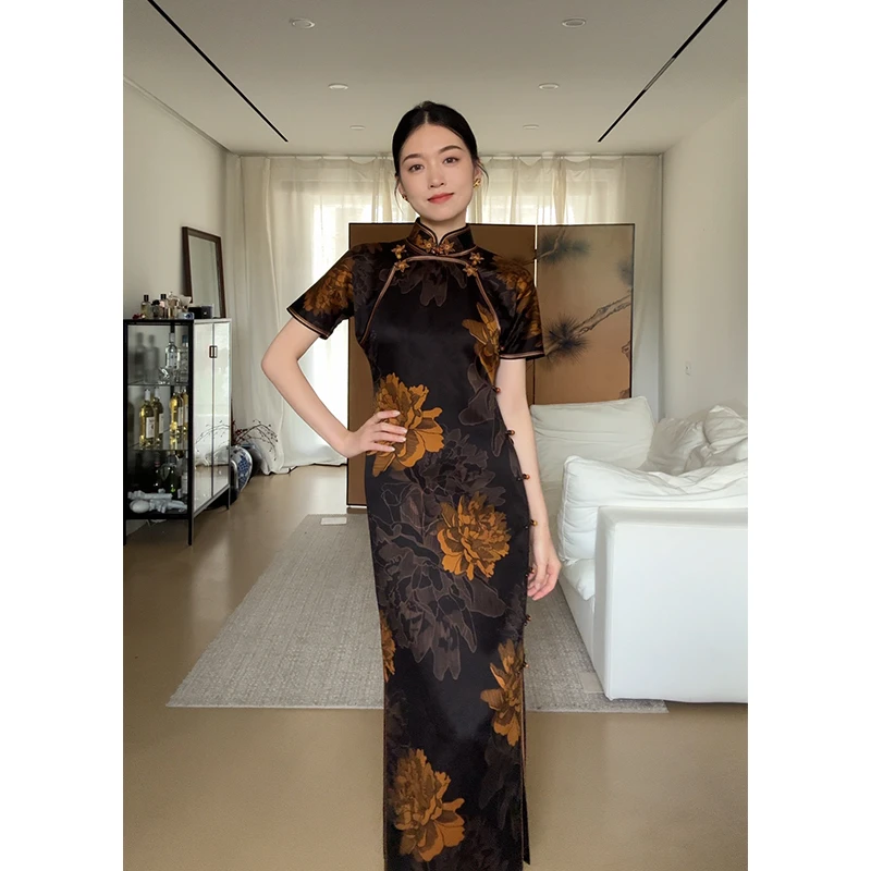 【花影裳】良辰媄锦桑蚕丝香云纱全手工扦边中长款旗袍衣长约130CM