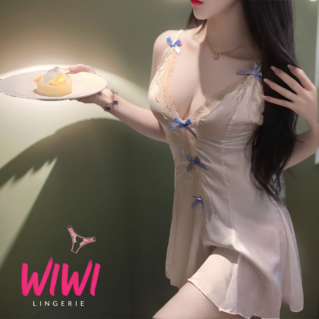 【WIWI】纯欲少女蕾丝蝴蝶结睡裙新款法式宫廷风性感冰丝吊带睡衣