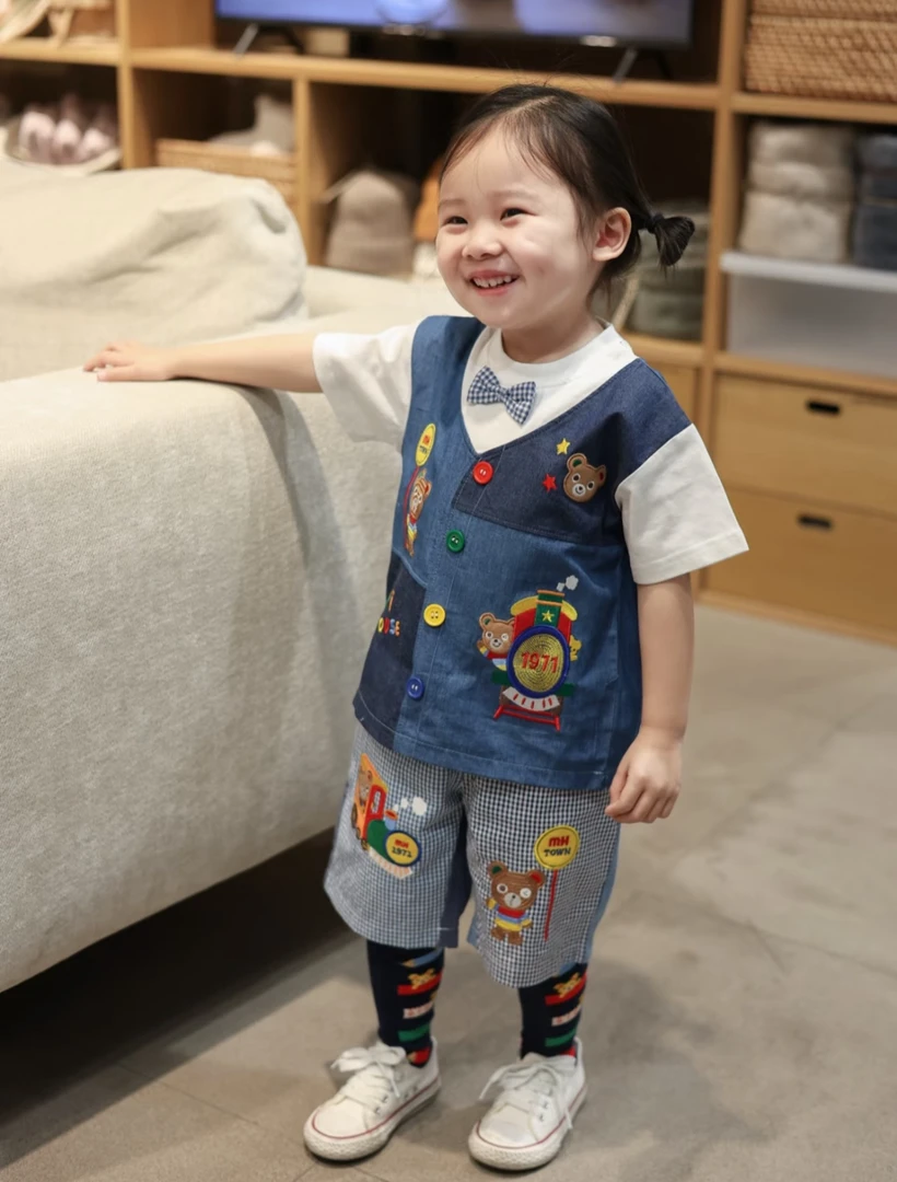 (现货)儿童卡通小熊火车刺绣短袖T恤 蝴蝶结假两件半袖+火车短裤