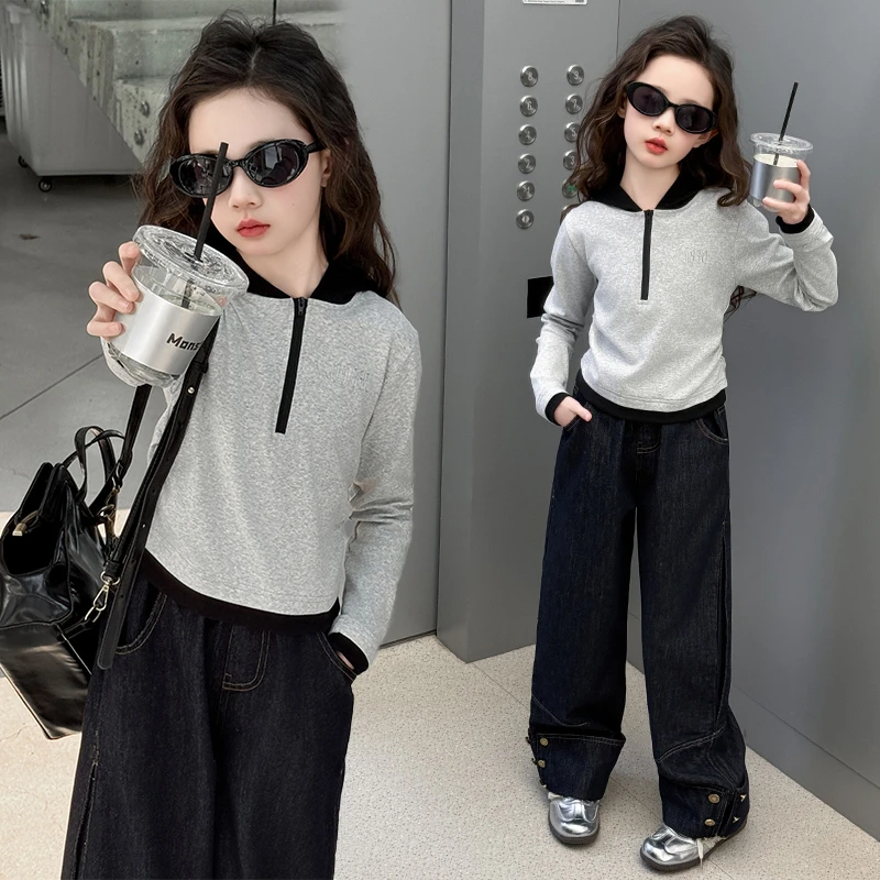 女童春秋款套装2025新款6-12岁15中大童洋气帽衫百搭牛仔裤两件套