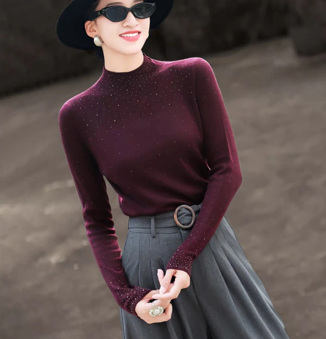 [满天星]2025秋冬时尚烫钻半高领时尚百搭秋冬必备款套头针织上衣