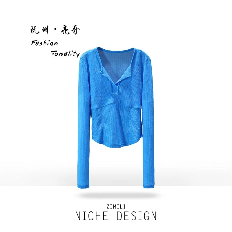【亮哥欧货女装】冬季热感螺纹《琳琅》蓝色高弹显瘦打底上衣26112-B2