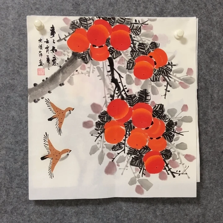 国画柿子50厘米斗方